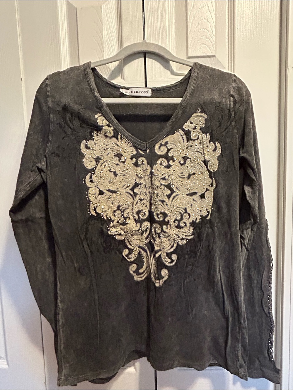 Maurices Charcoal Long Sleeve V-Neck Top with Cream Embellished Neckline